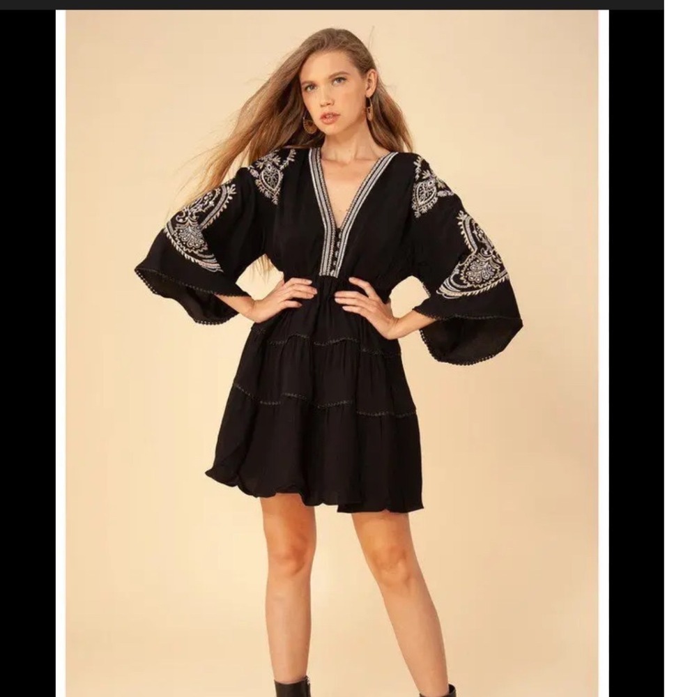 Hale Bob Black Embroidered Boho Mini Dress Bell Sleeve 27DE6320 NWT Size S